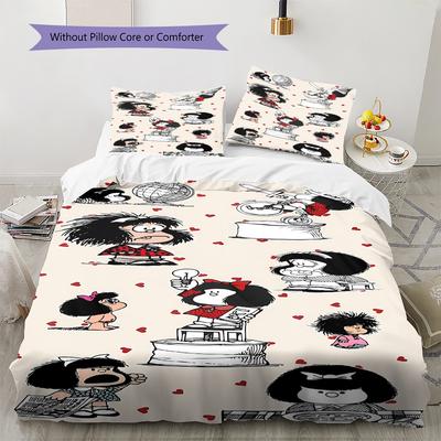 Mafalda Muster Bettwäsche, Steppbett Set Bettbezug Kissenbezug Zuhause Geburtstagsgeschenk (1 Bettbezug + 2 Kissenbezüge, ohne Füllung)