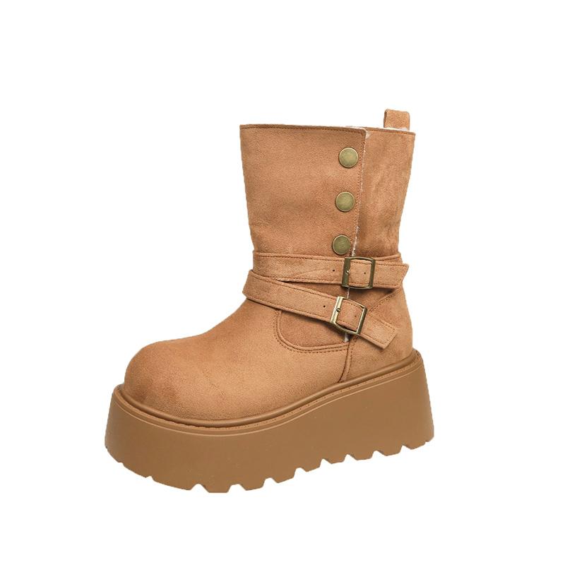 Winter Buckle Ankle Flat with Snow Boots Zip Mid Heel Shoes Female 2025 Fashion Ladies Shoes Round Toe Concise Women's Boots