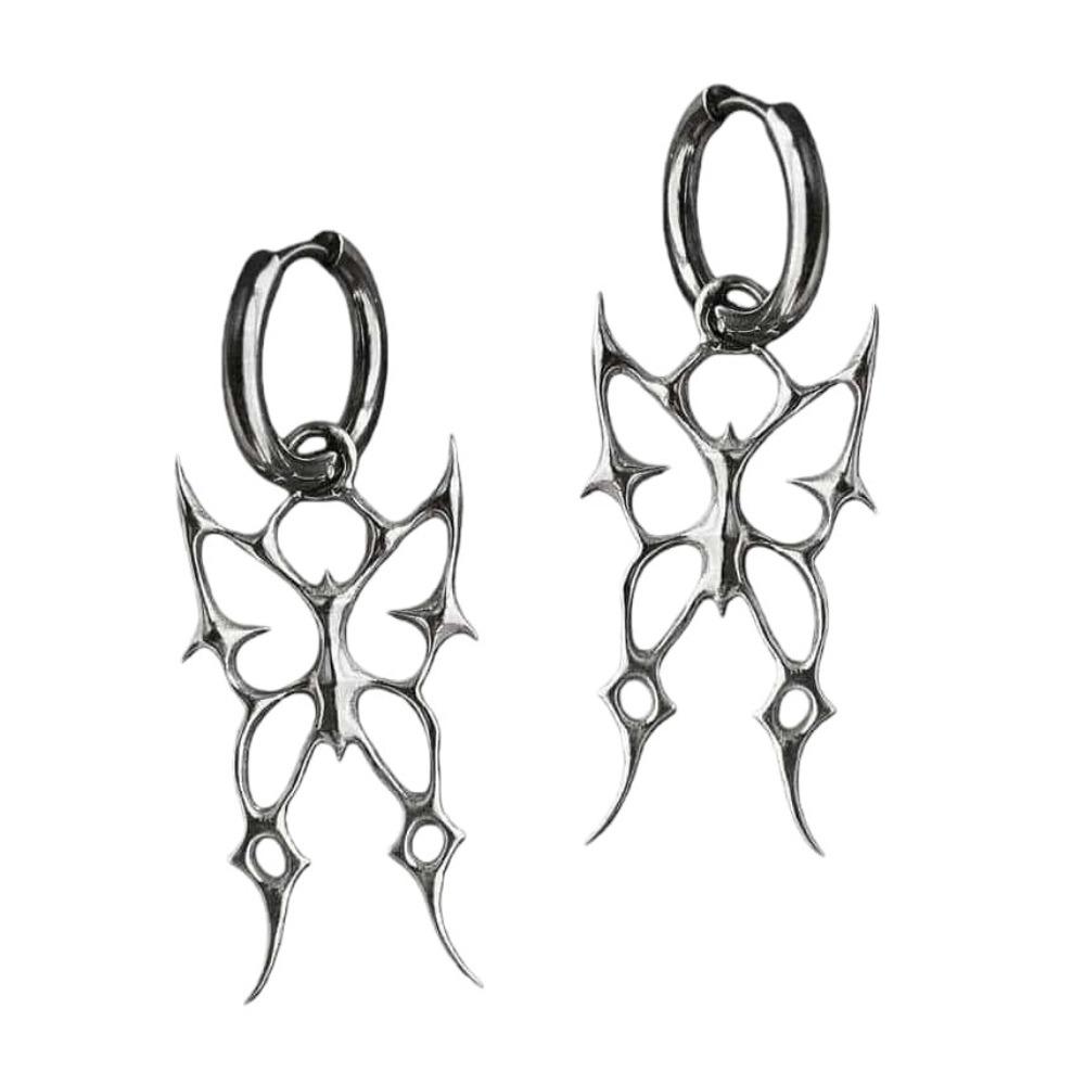 Gothic Punk Silver Color Hollowed-out Thorn Swallowtail Butterfly Pendant Hoop Earrings for Men Women Couples Halloween Jewelry