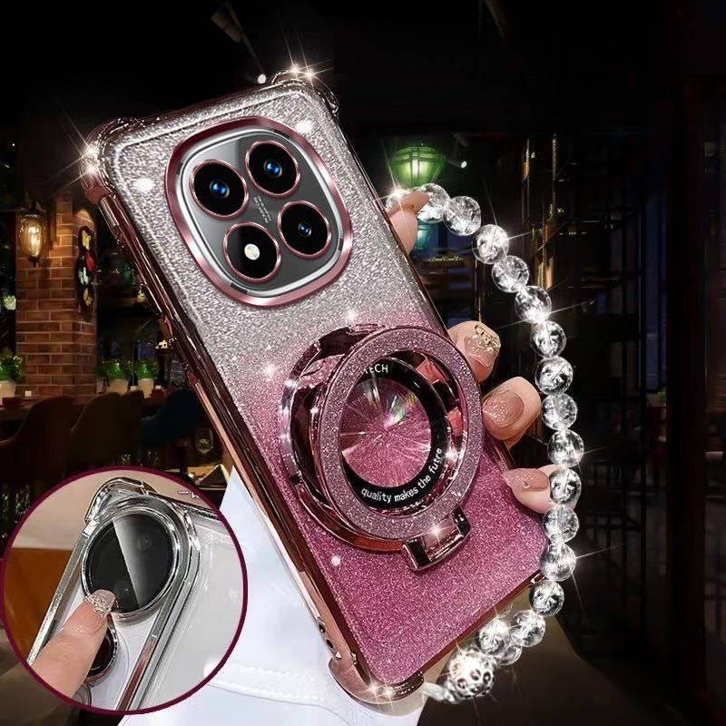 Glitter Magnetic Holder Bracket Case For Xiaomi Redmi Note 14 15 Pro Plus 15 15C 14C 14S 4G 5G Crystal Bracelet Silicone Cover