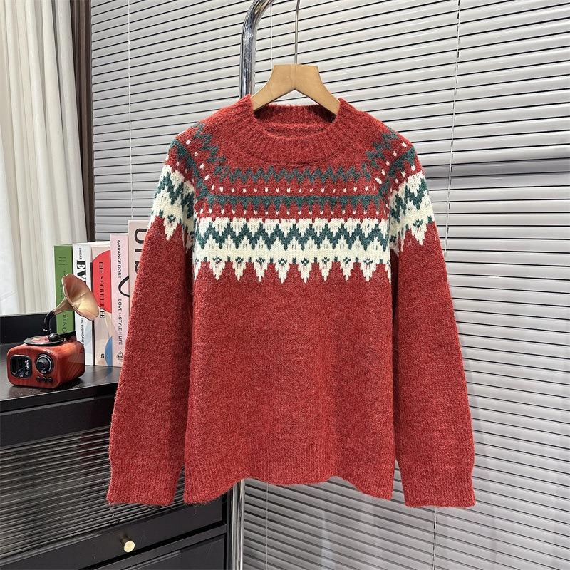 Christmas Atmosphere Sense Jacquard Pullover Sweater Women's Fall and Winter Loose Lazy Wind Soft Knit Sweater Tops