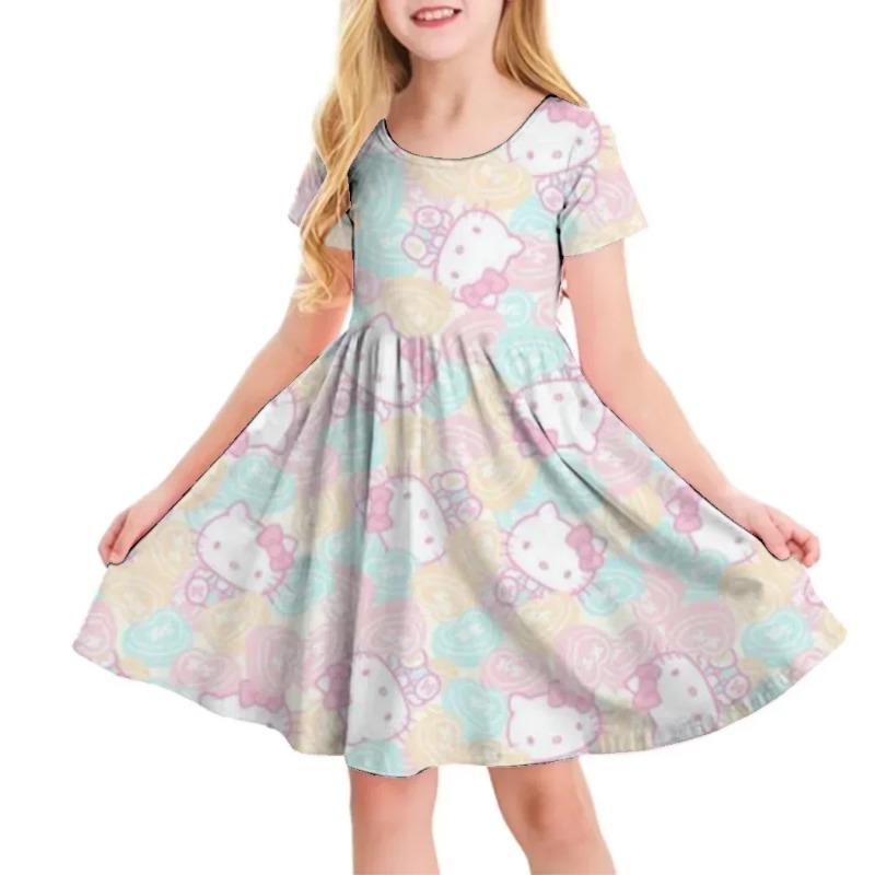 3D Printed Sanrio Hello Kitty Fashion Cartoon Pattern Cute Short Sleeved Dress Cosplay Youth