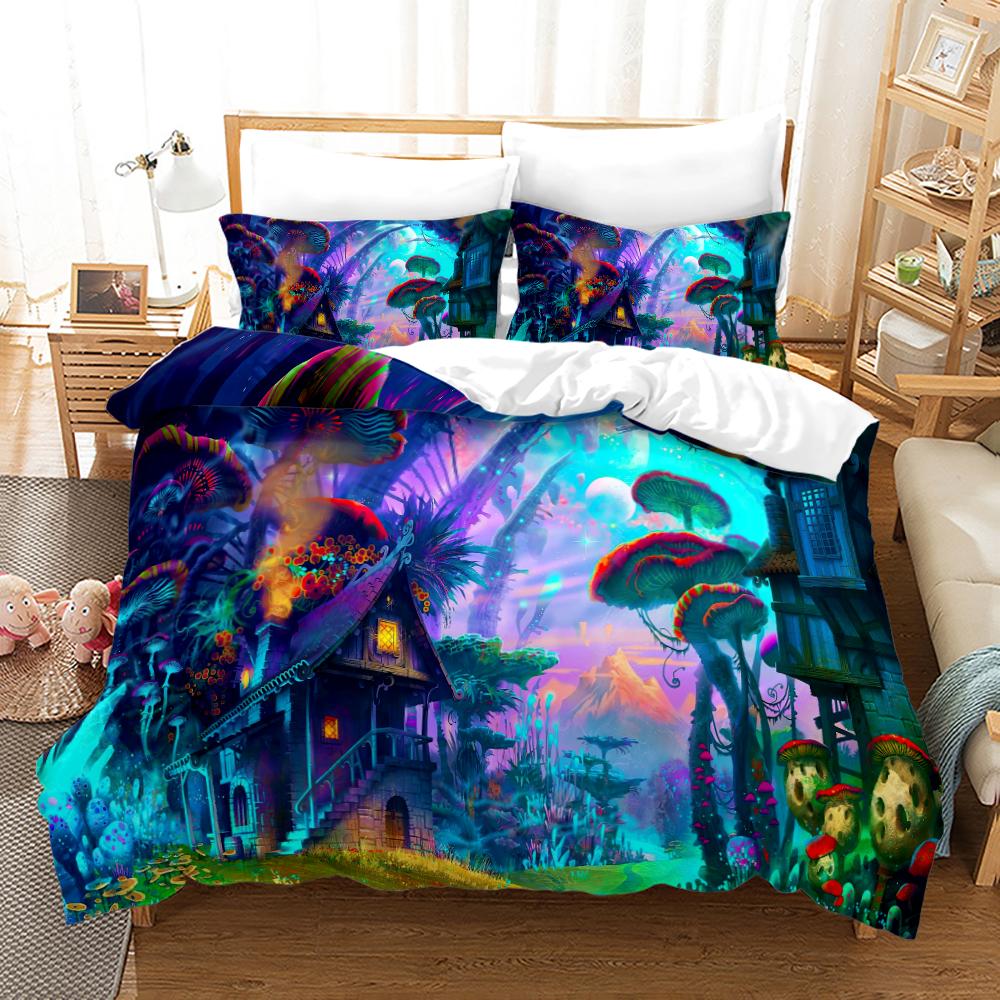 Magic Colorful Mushroom Bedding Set 3D Cartoon Mushroom Bed Linen Single Queen King Full Size Kids Girls Duvet Cover Room Decor