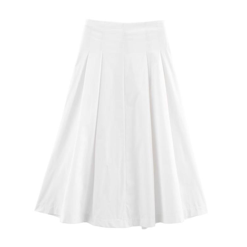 Autumn Women's Versatile Solid Color Mid-Waist Pleated A-Line Midi Skirt