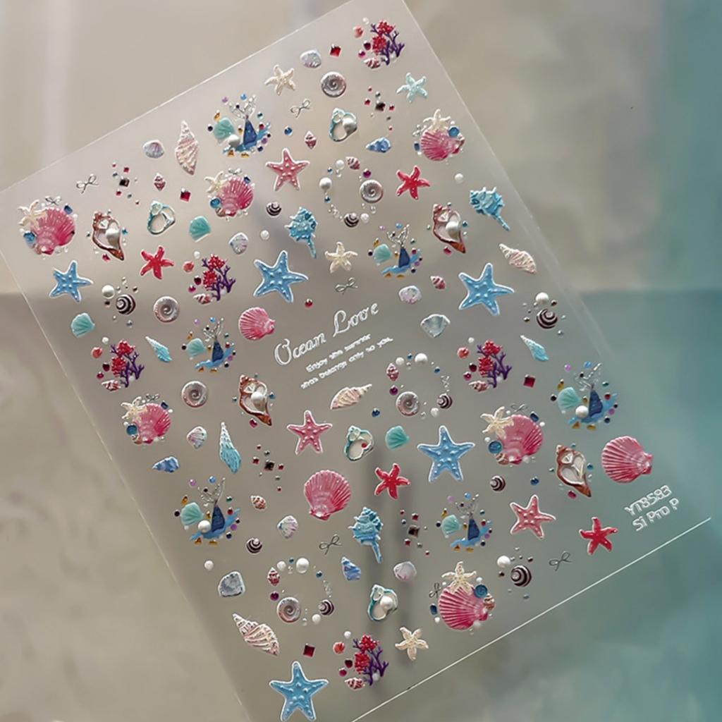 5D Ocean Nail Sticker Vacation Starfish Shell Coral Pearl Self-adhesive Nail Art Decal Fresh Seaside Vibe Manicure