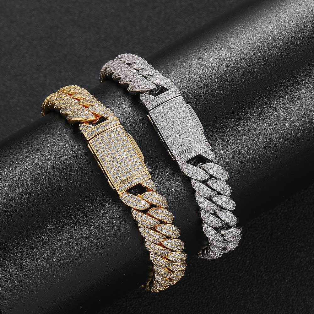 Rapper Jewelry Cuban Chain Brass Bracelet 18k Gold Plated Copper White Zircon Bracelets for Man or Women