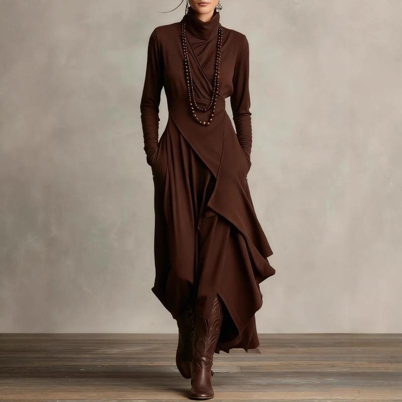 Women Clothing Fall Solid Color Long Sleeve Turtle Neck Maxi Dress