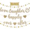 Vorgespanntes Love Laughter & Happily Ever After Banner für Hochzeitsfeier Dekorationen, Gold Glitzer Banner Schild mit 13FT Herz Streamer Girlande für