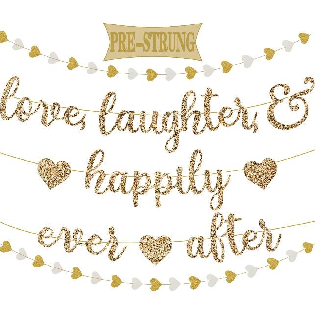 Vorgespanntes Love Laughter & Happily Ever After Banner für Hochzeitsfeier Dekorationen, Gold Glitzer Banner Schild mit 13FT Herz Streamer Girlande für