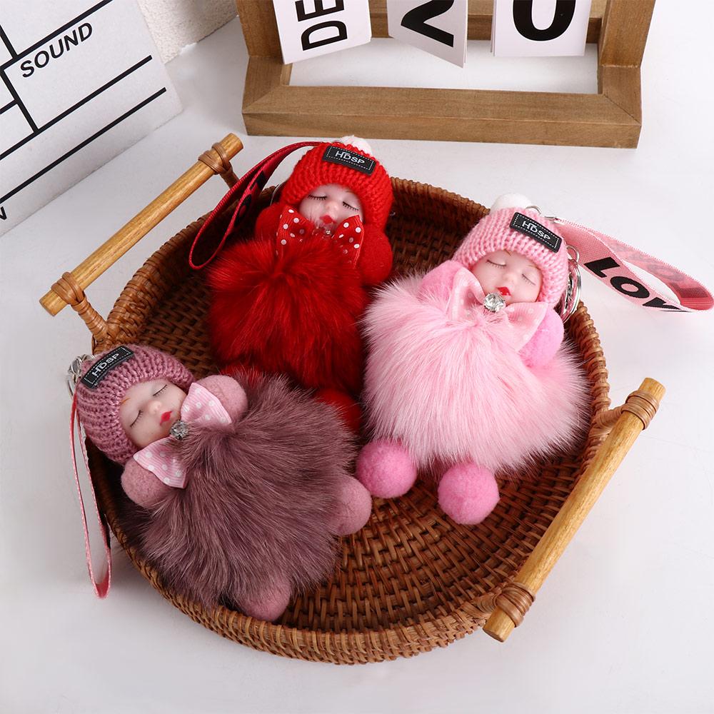 Pendant For Girls Jewelry Gift Plush Keychain Sleeping Baby Doll Fluffy Plush Doll Pompom Keyring