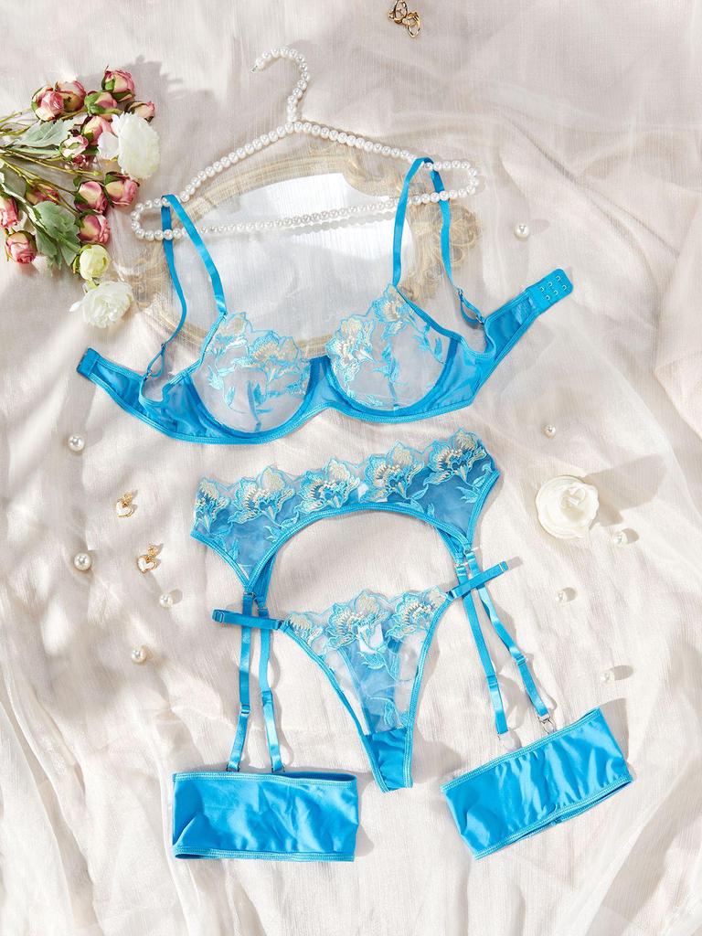 European & American Mesh Floral Embroidery Underwire Push-Up See-Through Temptation Lingerie Stocking Set.