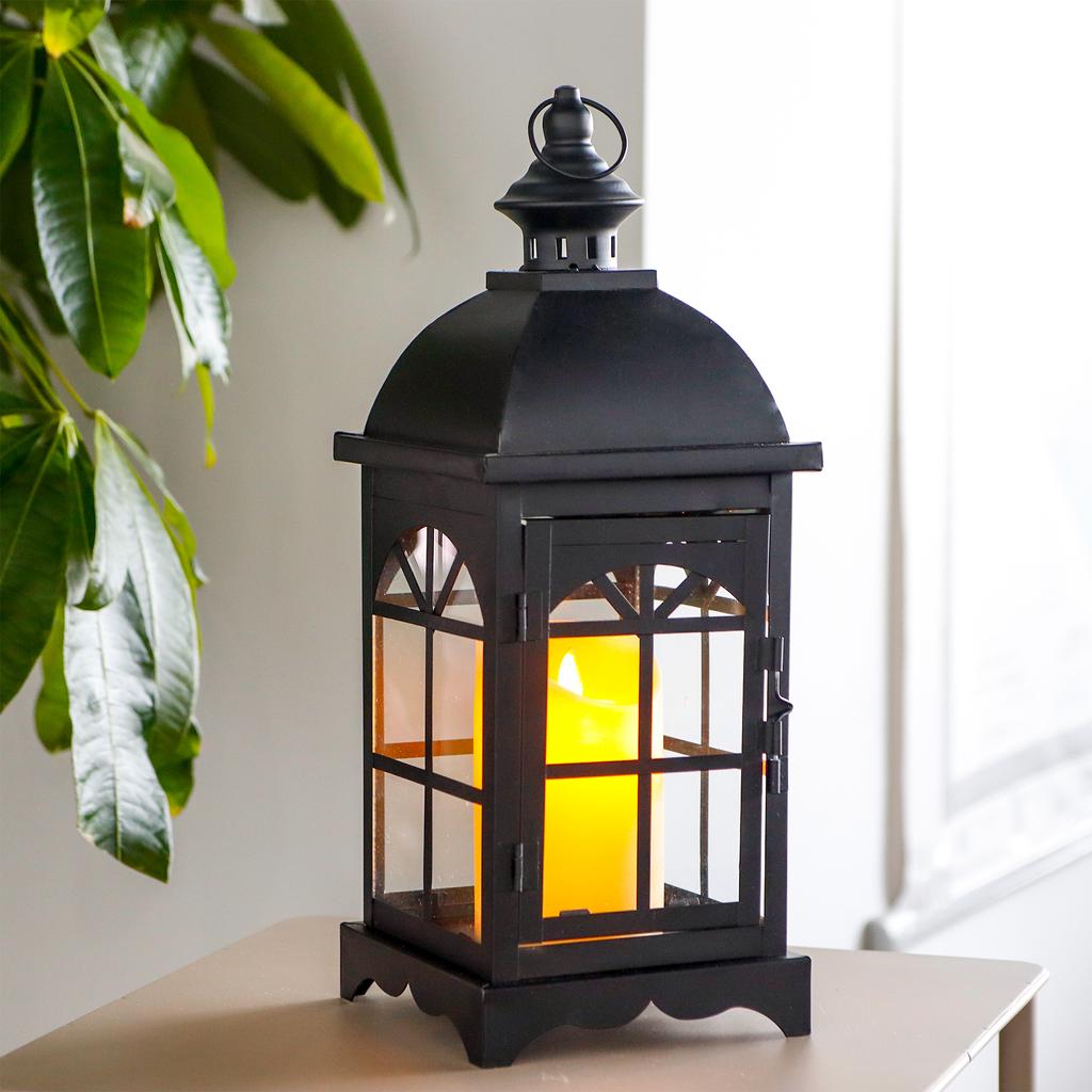 Small Metal Candle Lantern Black Candle Holder with Tempered Glass for Christmas Living Room Garden Patio Parties