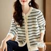 Korean Autumn Winter Knitted Jacket Women Casual Long Sleeve Stripes Imitation Mink Velvet Cardigan Sweater Female Tops