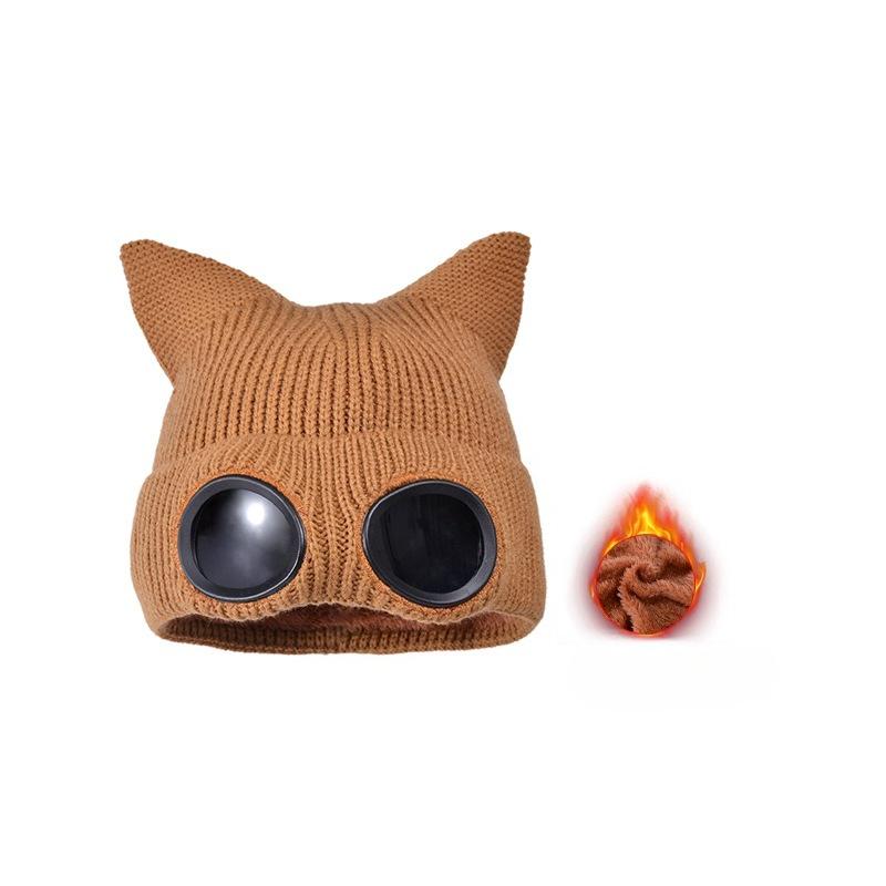 Little Devil Glasses Hat Knitted Mao Line Hat with Cat Ears Men Women Thickened for Warmth Ski Solid Color Ear Protection Windproof Pullover Hat