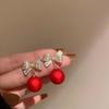 Elegant Red Pearl Bow Earrings with Diamond Accents for Women - Festive and Fashionable Jewelry