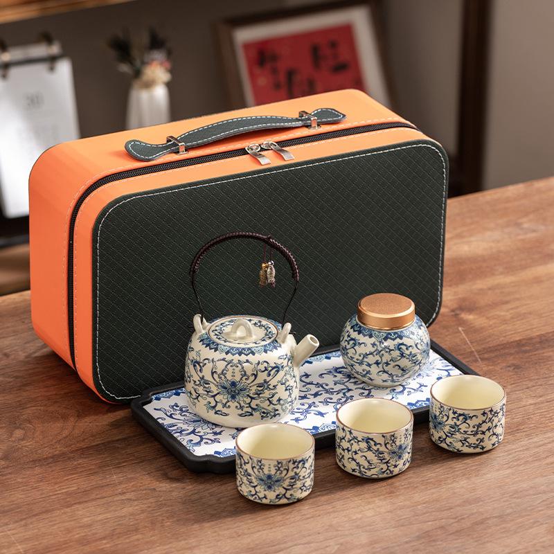 Blue and White Ru Kiln Lifting Beam Teapot Travel Kung Fu Tea Set Household Teacup Light Luxury Gift Box Business Companion Gift