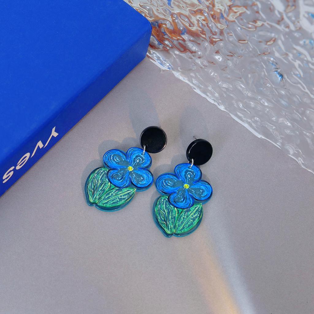 Charmante Acryl-Hängeohrringe im Ölmalerei-Stil, blaue Blume, Graffiti, hängende Ohrringe für Damen, Sommer, tägliches Casual-Accessoire