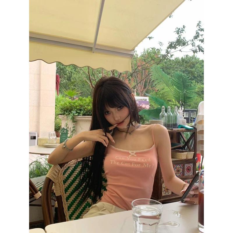 Американський стиль мереживна майка-топ з принтом літер - Приталений, універсальний верх.