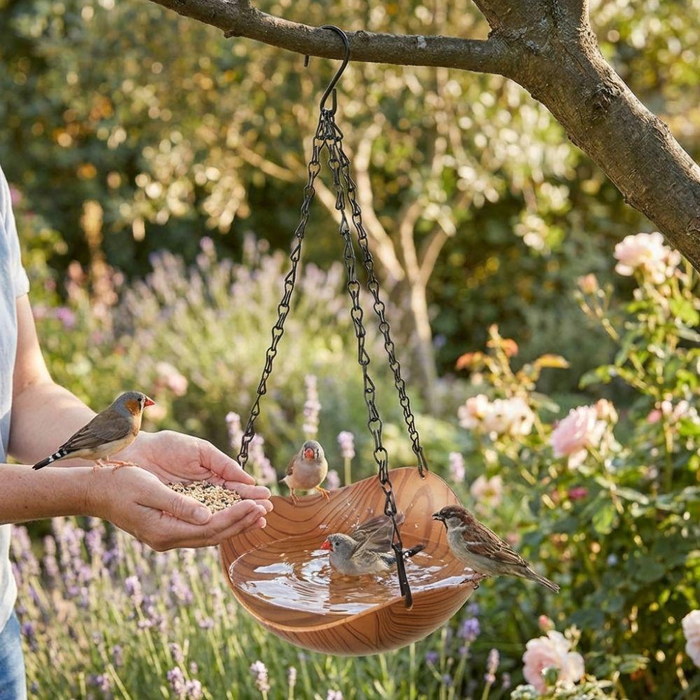 Retro Style Wood Grain Bird Feeders S Hooks Open Bowl-shaped Hanging Bird Bath Thickened Iron Chains Plastic Bird Bathtub