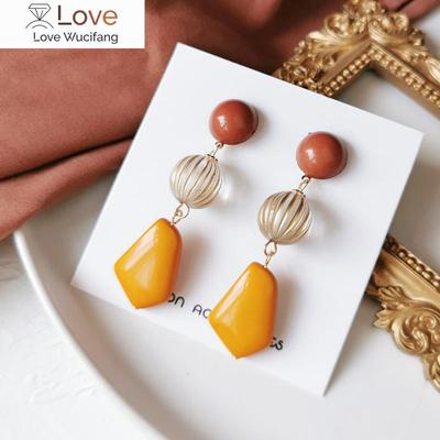 Trendy Women Yellow Resin Square Stone Clip Earrings Without Piercing Geometric Round Disc Slice Ears Clips On Earrings