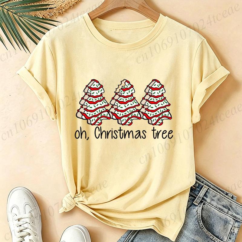 Women Oh, Christmas Tree Graphic T Shirt Vintage Aesthetic Tees Snack Cakes Christmas Print Short Sleeve Casual Streetwear Top