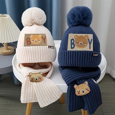 Herbst- und Wintermütze Gestrickte Dicke Warme Mütze Schal Zweiteiliges Set Wintermützen, Festtagsoutfit, Outdoor-Winterbekleidung, Kinder Niedliche Strickmütze