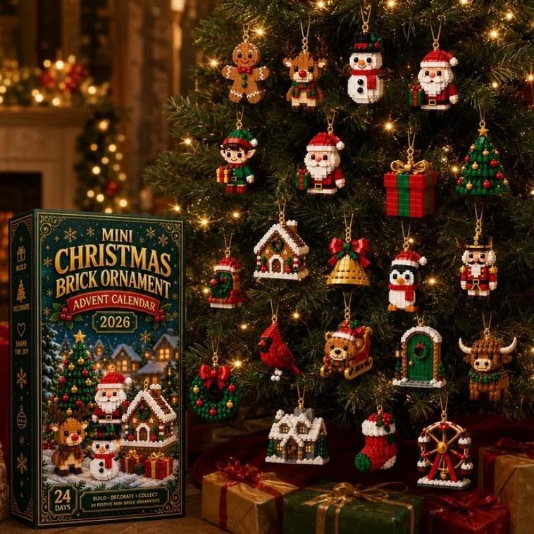 24-Day Christmas Brick Advent Calendar,Portable Mini Buildable Ornaments with Hanging Loops,Xmas Countdown Gift