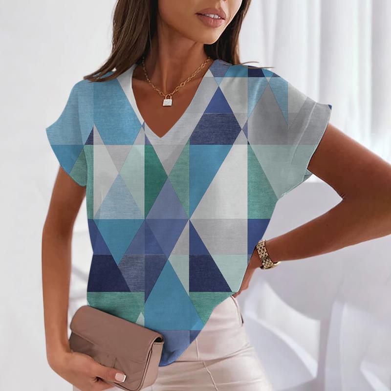 Women's T-Shirt Geometric Tees V-neck Striped Female Short Sleeve Casual Streetwear New T-shirts Fashion Y2k Girl Clothes