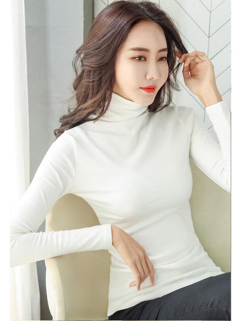 Toamnă/Iarnă 2025 Guler înalt Căptușită cu lână Damă Slim Fit Culoare uni Mânecă lungă Stil coreean Tricou la modă