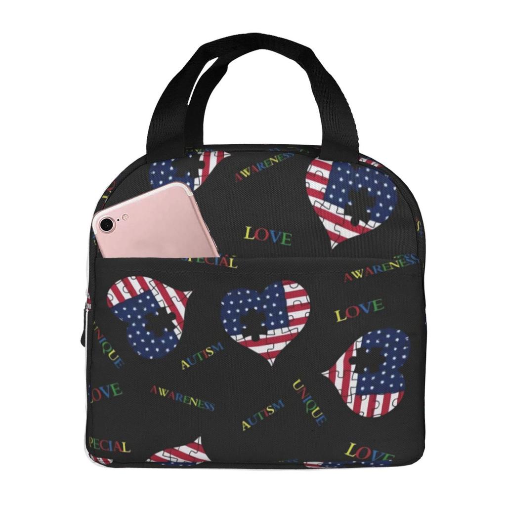 Love American Flag Heart Print Portable Lunch Boxes Waterproof Thermal Cooler Food Insulated Lunch Bag Kids School Children