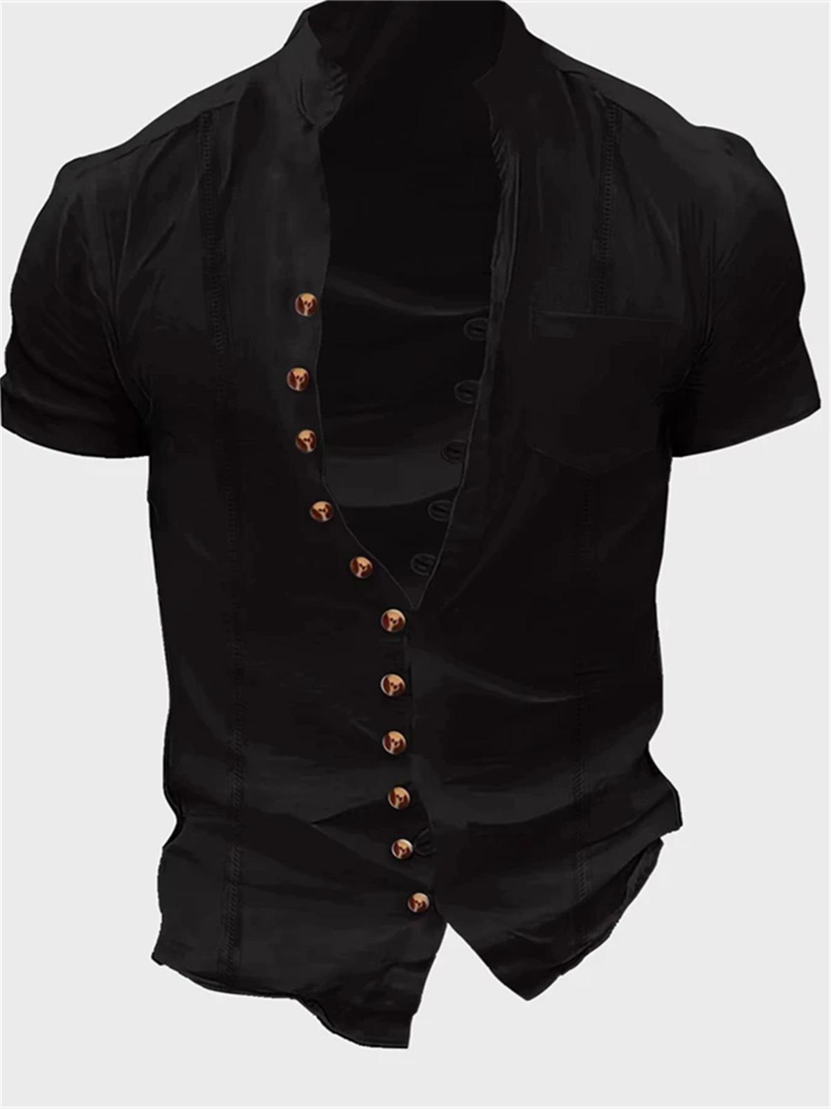 

Men s Short Sleeve Stand Collar Casual Shirt with Metal Buttons and Chest Pocket, Multiple Colors 3XL чорний