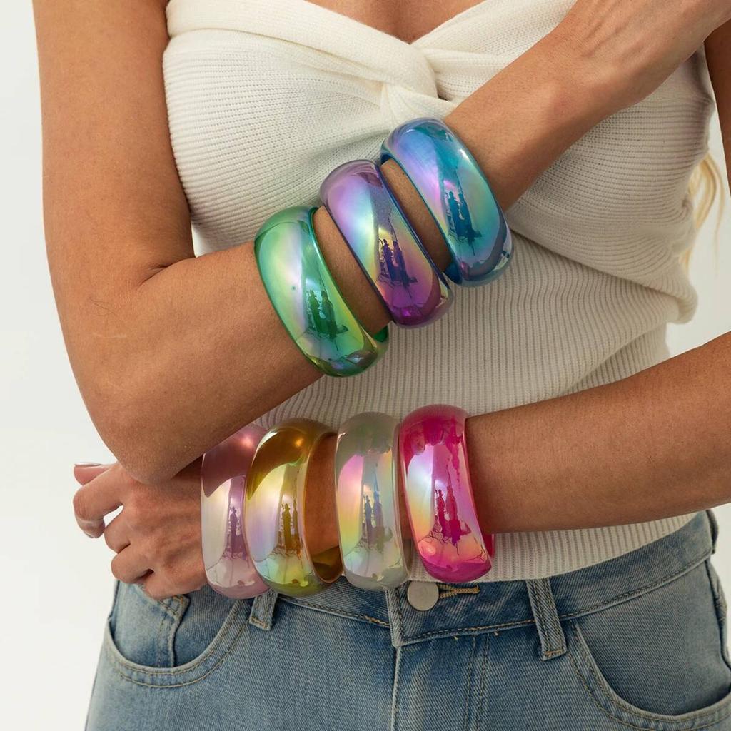 Salircon Boho 7 Colors Resin Acrylic Charms Bracelet Bangles Women Fashion Colorful Geometric Wide Chunky Party Bangle Jewelry