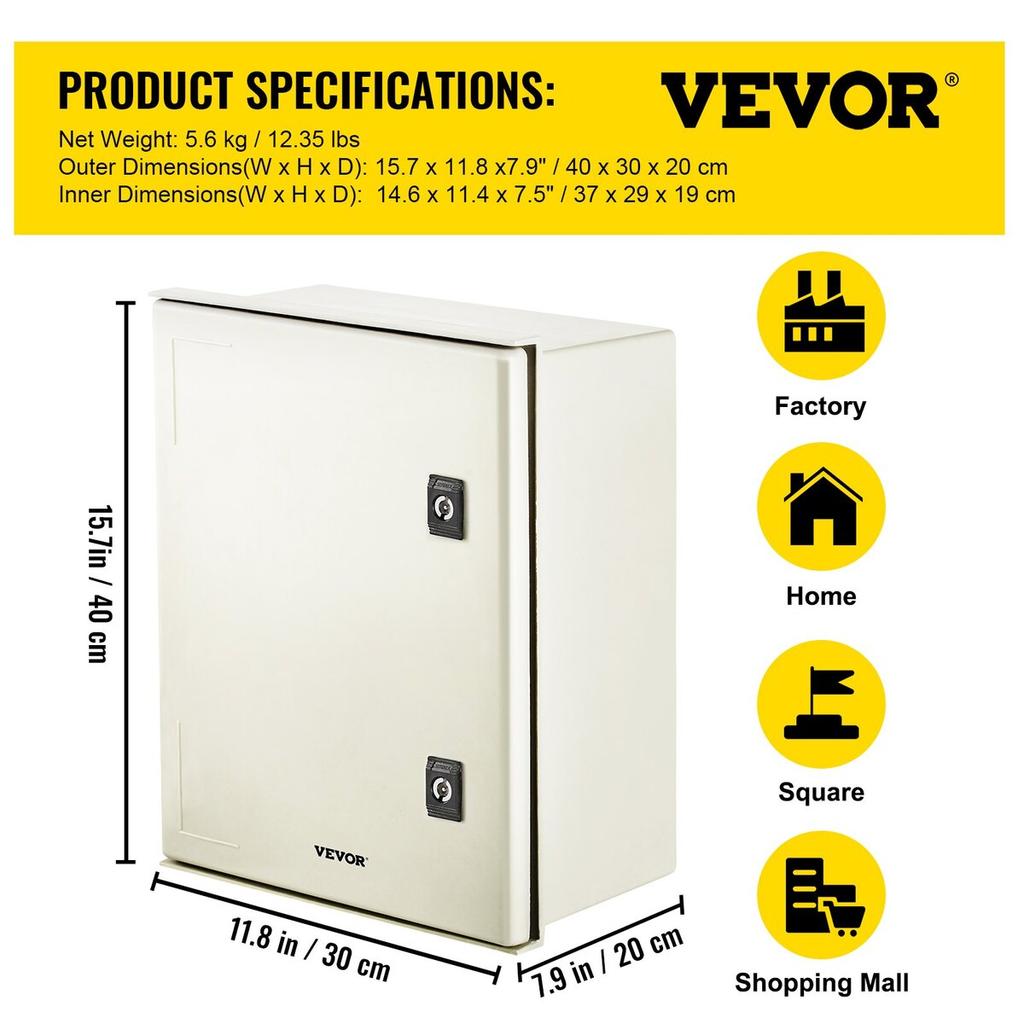 NEMA Fiberglass Enclosure, 16 x 12 x 8 in NEMA 4X Fiberglass Electrical Box, IP66 Waterproof & Dustproof, Outdoor/Indoor Electrical Junction Box, with