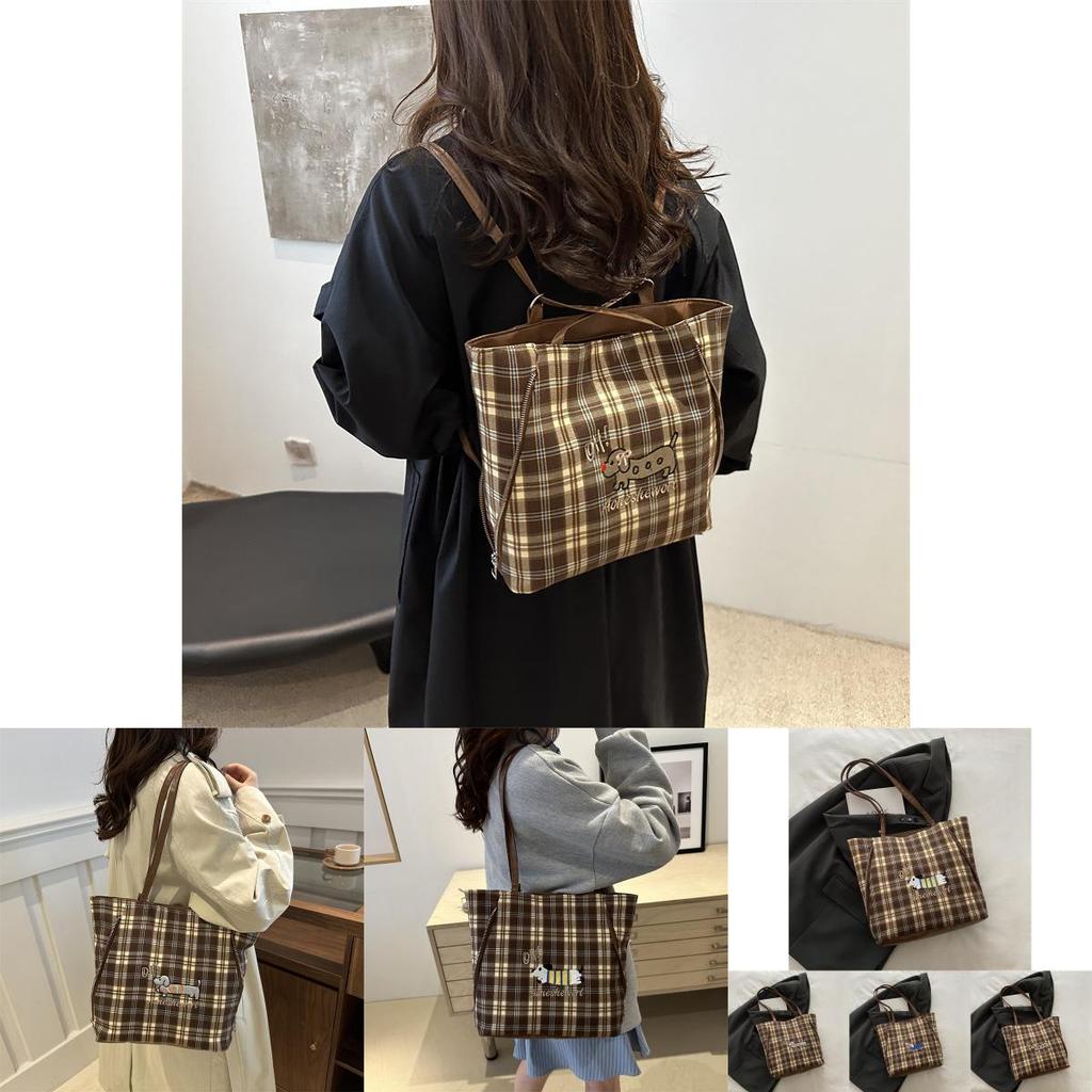 Stylish High-quality Tote Bag For Women In Trendy Plaid Design With Cartoon Dog Print