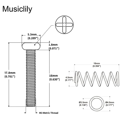 Musiclily Pro M3 X 16mm Stainless Steel Saddle Intonation Screws and Springs for Imported Strat-Style Electric Guitar Tremolo Bridges, Original Color