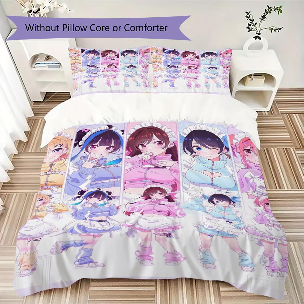 Rent a Girlfriend Pattern Bedding,Quilt Set Quilt Cover Pillowcase Home Birthday Gift(1 * duvet cover + 2 * pillowcase, without core)_lx