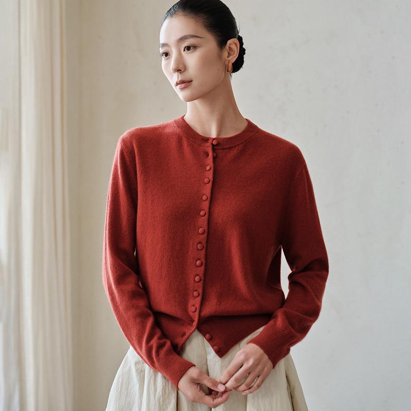 Women's 100% Pure Cashmere Cardigan - Round Neck, Long Sleeve Knit Sweater for Autumn Winter