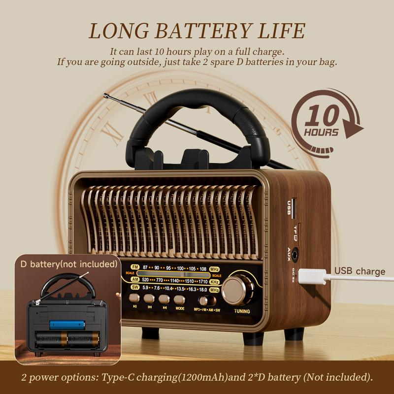 Retro Wireless Radio Portable AM/FM/SW with USB Rechargeable Battery With antenna, AUX and TF card playback, suitable for home