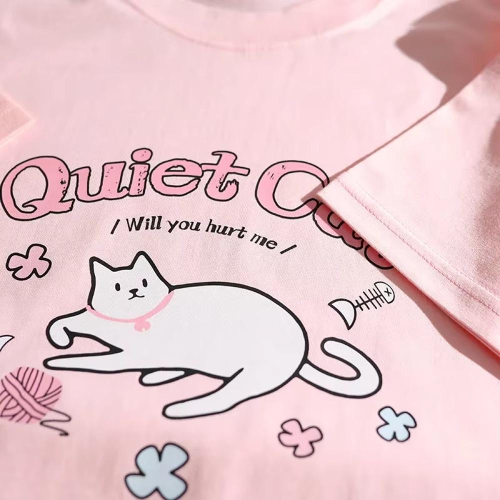 American Retro Cartoon Cat T-shirt For Men Women Short Sleeved Summer Loose Fitting Student Pure Cotton Couple Half Sleeved Top