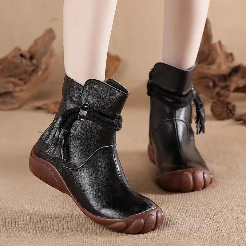 Johnature Women's Short Boots Casual Genuine Leather Solid Color Soft Sole Comfortable Warm Women's Shoes