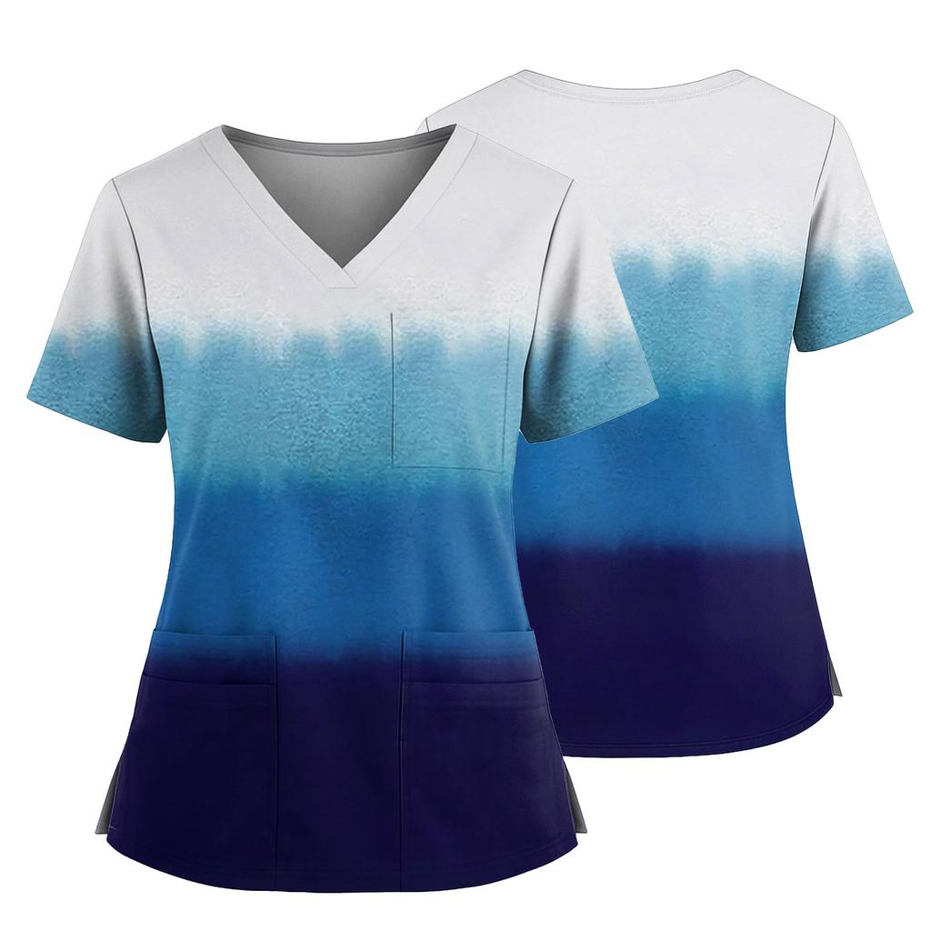 Damen Casual Bedrucktes V-Ausschnitt Taschen Seitennaht Schlitz Kurzarm Top