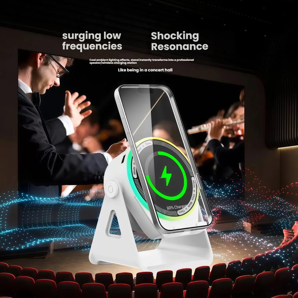 New Multi-functional Wireless Charging Inductive Speaker with Rotating Phone Stand and Bluetooth Speaker