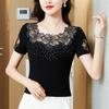 Summer Short Sleeved O Neck Women's T Shirt Elegant Slim Sexy Hollow Out Tees Drilling Mesh Lace