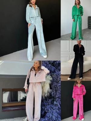 Ensemble deux pièces en velours pour femme: Veste zippée à manches longues avec col rabattu et taille élastique, Pantalon large pour l'automne