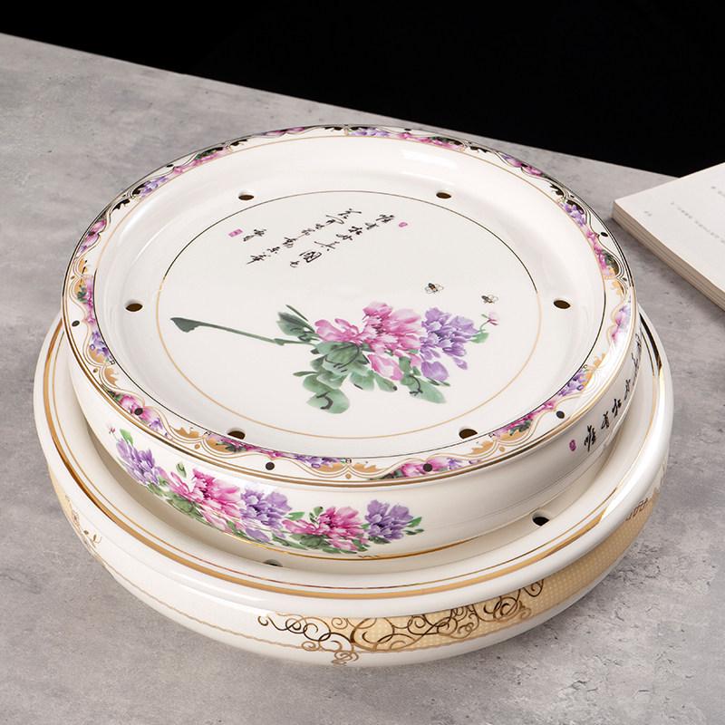 14-inch Ceramic Round Tea Tray for Gongfu Tea, with Double-Layer Water Storage
