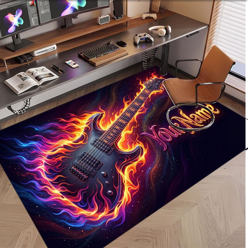 Music Guitar Theme Soft Crystal Velvet Rug Custom Name & Text Print Non Slip Floor Rug for Bedroom Living Room