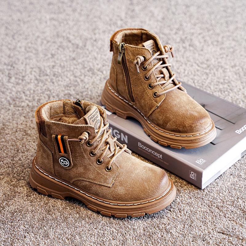 Children's Black Martin Boots - Boys' 2025 Autumn & Winter Non-slip Velvet Hiking Boots