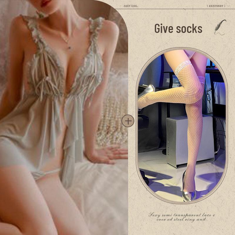 Temptation See-Through Hollow Out Chest Slit Sexy Sleepwear Lingerie Nightgown 814