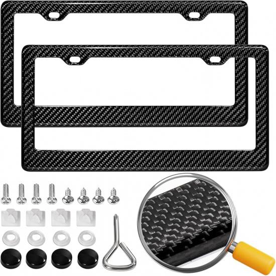 Real Carbon Fiber License Plate Frame, 100% Pure Carbon Fiber Frame, Black License Plate Holder Cover With Screw Caps, Anti-Vibration Pads, (Twill 2