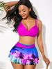 European & American High-Waisted Ruffle Print Bikini in Blue/Red
